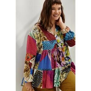 Conditions Apply Risa Patchwork Boho Blouse Tiered Button Front Women’s Size 3X